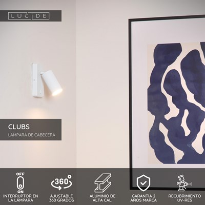 Lucide CLUBS - Lámpara de cabecera / Lámpara de pared - 1xGU10 - Blanco